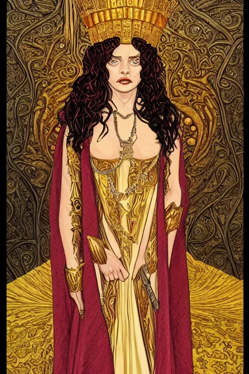 Image similar to Portrait of historically accurate, ancient biblical, sultry, sneering, evil, pagan, wicked, queen jezebel, wearing gilded robes, long hair, intricate, elegant, highly detailed, masterpiece, illustration, art by Jean Giraud, highly detailed, trending on artstation, award winning