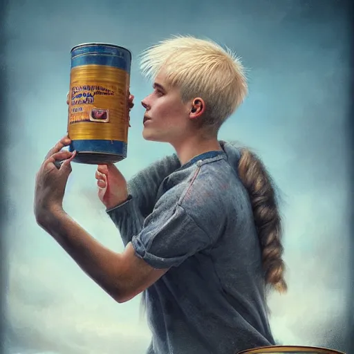 Prompt: a highly detailed portrait of a young couple from the side, holding a tin can, remote icelandic village, summer, jeans and t shirt, blonde hair, muted colors, joy, by tom bagshaw, trending on artstation,