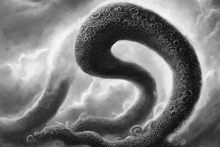 Prompt: giant tentacles descending from the clouds. End of the world.