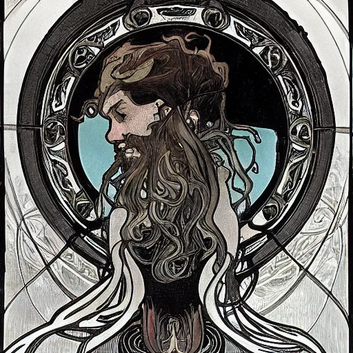 Image similar to lovecraftian protagonist by alphonse mucha