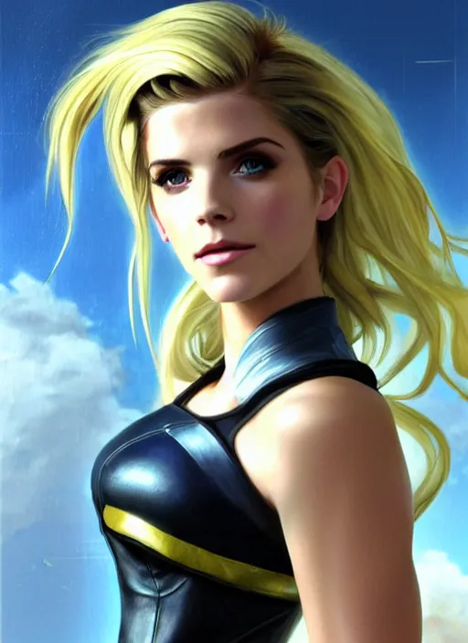 Prompt: portrait of a combination of Ashley Greene, Katheryn Winnick, Victoria Justice and Adriana Dxim, Grace Kelly, Emma Watson and Lily Collins with blonde hair wearing Samus' Armor from Metroid Prime, countryside, calm, fantasy character portrait, dynamic pose, above view, sunny day, thunder clouds in the sky, artwork by Jeremy Lipkin and Giuseppe Dangelico Pino and Michael Garmash and Rob Rey and Greg Manchess and Huang Guangjian, very coherent asymmetrical artwork, sharp edges, perfect face, simple form, 100mm