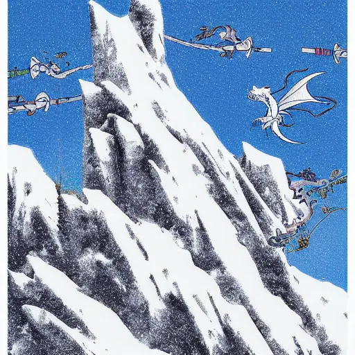 Prompt: dragons circling a tall mountain spire, by kon satoshi