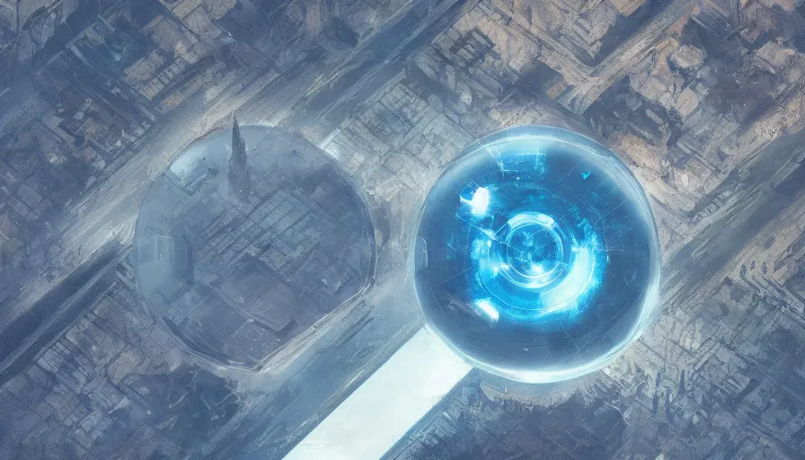 Prompt: A digital painting of a desolate landscape with at the center a city in a giant glass dome by Greg Rutkowski, rule of thirds, blue color-scheme, digital painting, artstation, concept art, masterpiece, aerial view