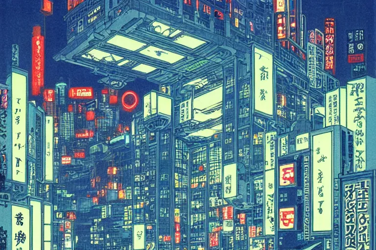 Image similar to cyberpunk buildings with a flight vehicle glowing in the sky, neon sign, bottom view ， bladerunner, by hiroshige utakawa