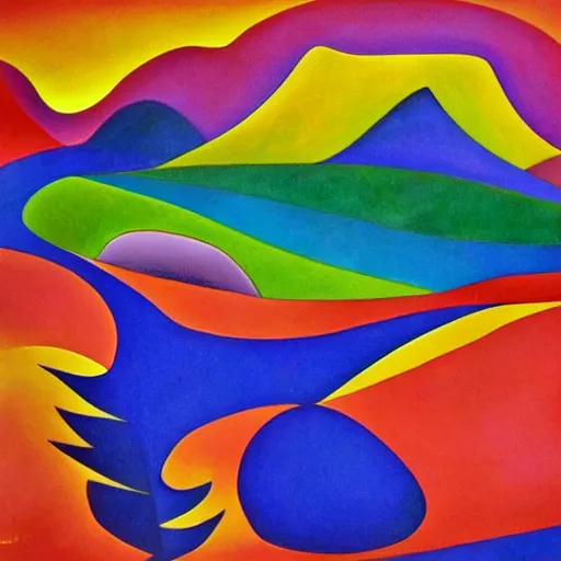 Image similar to woman as the natural landscape, her curves form the mountains and rivers of the land , high quality art in the style of cubism and georgia o’keefe,