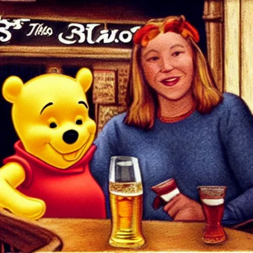 Image similar to winnie the pooh and a blonde woman enjoying a couple of pints in a pub together.