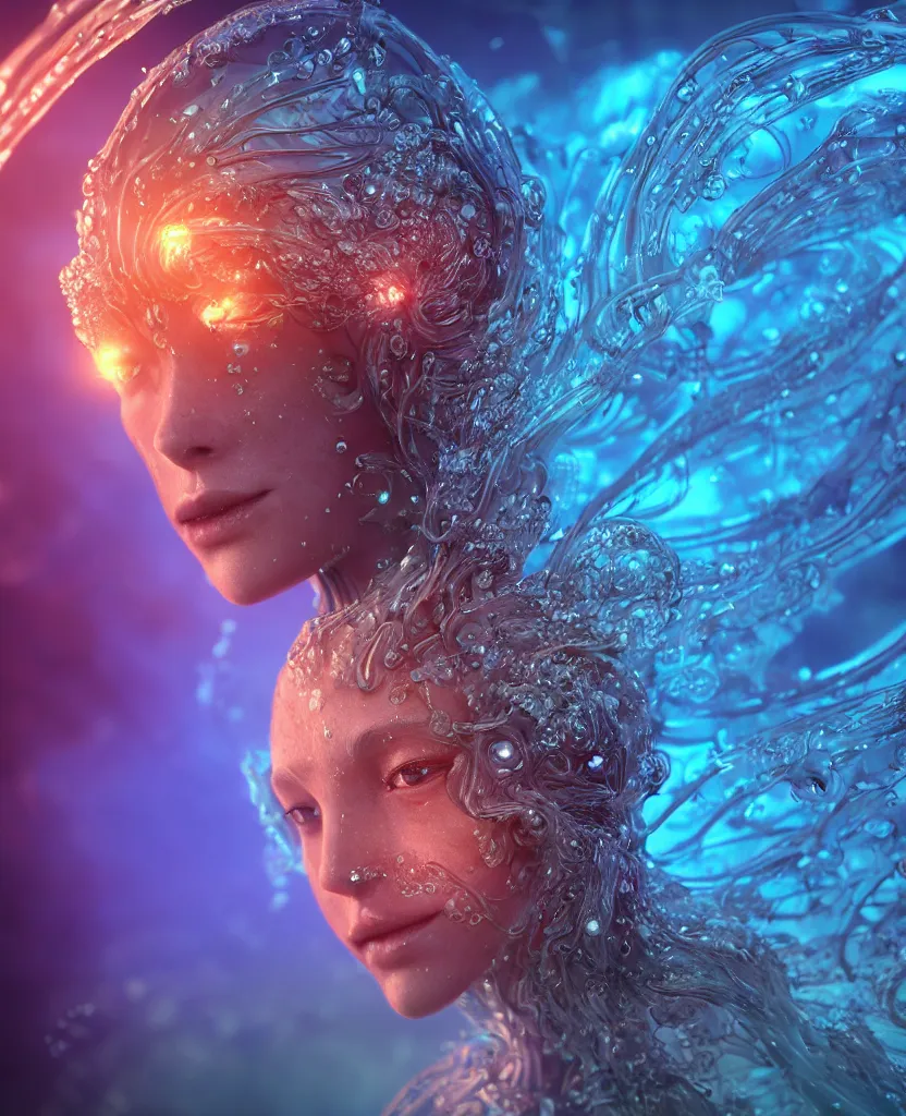 Image similar to close-up macro portrait of the face of a beautiful princess, epic angle and pose, symmetrical artwork, 3d with depth of field, blurred background, cybernetic jellyfish female face skull phoenix bird, translucent, nautilus, energy flows of water and fire. a highly detailed epic cinematic concept art CG render. made in Maya, Blender and Photoshop, octane render, excellent composition, cinematic dystopian brutalist atmosphere, dynamic dramatic cinematic lighting, aesthetic, very inspirational, arthouse. y Greg Rutkowski, Ilya Kuvshinov, WLOP, Stanley Artgerm Lau, Ruan Jia and Fenghua Zhong