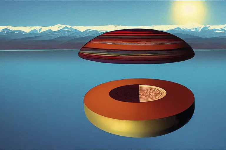 Prompt: a giant ((((metallic)))) floating sphere covered in canadian colorful aboriginal patterns!! hovering above a Yukon lake, (painted by Ralph McQuarrie), matte painting, very detailed, 7000 K, concept art