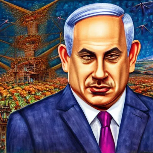 Image similar to benjamin netanyahu's dream conundrum, highly detalied, by michael cheval