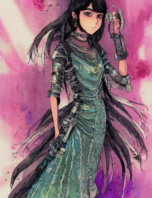 Prompt: south asian scifi princess of the lichen woods, wearing a lovely dress with cyberpunk elements. this watercolor painting by the award - winning mangaka has an interesting color scheme, plenty of details and impeccable lighting.