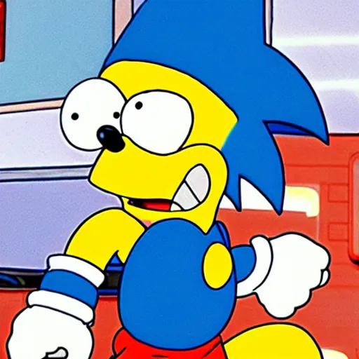 Image similar to sonic punches homer simpson while bart shoots at sonic.