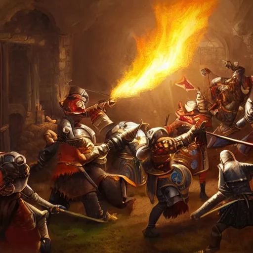 Prompt: a party of adventurers fighting knights, action shot, fire lit room, dungeon, fantasy, concept art, detailed, HD, 4k, renaissance, epic