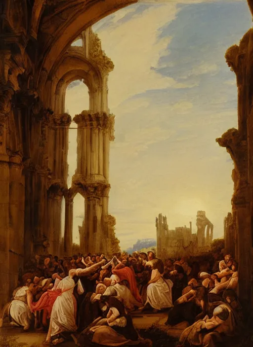 Image similar to lisabeth louise vigee - le brun large crowd of medieval monks gathered at giant gothic ruins cathedral and raising a magical glowing spirit, old master painting with stunning lighting and details photoreal dusk sun lit light