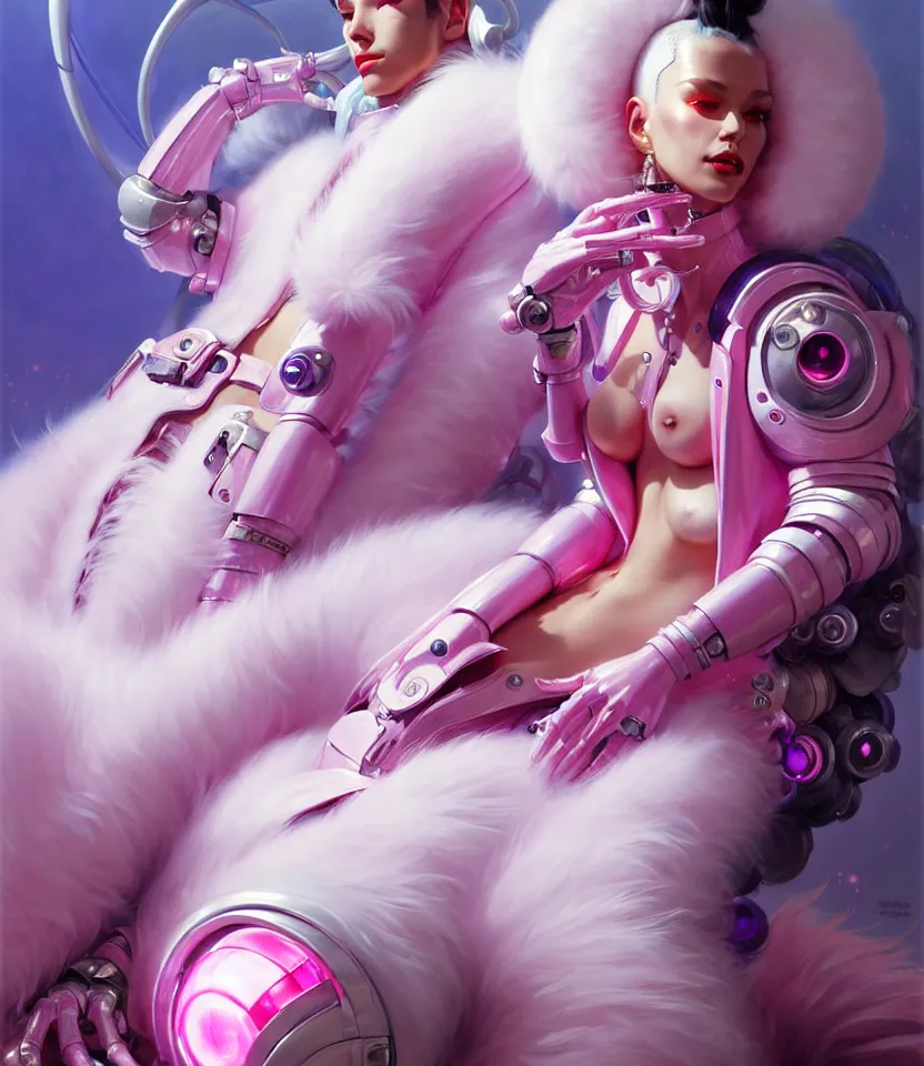 Image similar to beautiful fantasy character portrait, wearing pink puffy bomber jacket with white fur, seductive reclining pose, futuristic robots sitting, ultra realistic, dramatic lighting, robots, the fifth element artifacts, highly detailed by peter mohrbacher, hajime sorayama, wayne barlowe, boris vallejo, aaron horkey, gaston bussiere, craig mullins