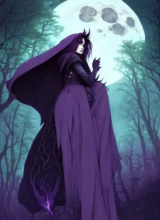 Image similar to moon in the background, side portrait dark witch, adventurer outfit large cloak, fantasy forest landscape, dragon scales, fantasy magic, undercut hairstyle, short purple black fade hair, dark light night, intricate, elegant, sharp focus, illustration, highly detailed, digital painting, concept art, matte, art by WLOP and Artgerm and Greg Rutkowski and Alphonse Mucha, masterpiece