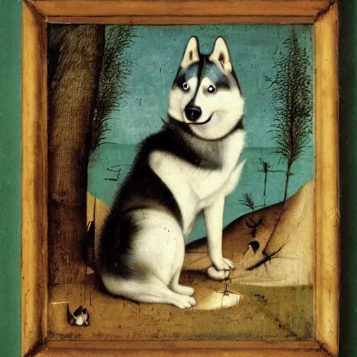 Image similar to a cute husky painted by hieronymus bosch