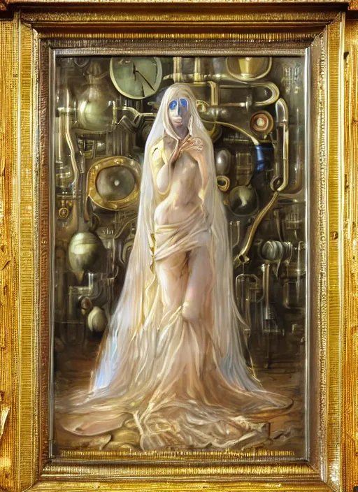 Prompt: ultrarealistic ultradetailed medium shot painting of slimy veiled transparent invisible woman with transparent skin wearing a beautiful wedding dress, still life, steampunk internal organs, greg rutkowski, peter gric, immerse, 1 9 th, special effects makeup, maximalist, glittering, gold, ivory, hyperreal, golden ratio, alphonse mucha