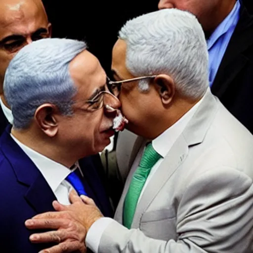 Prompt: Benjamin Netanyahu and Mahmoud Abbas kissing on the mouth, photojournalism photography