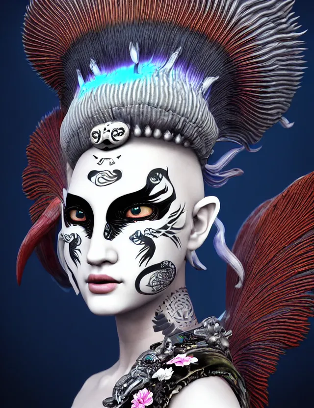 Image similar to 3 d photo realistic goddess close - up profile portrait punk with mohawk with ram skull. beautiful intricately detailed japanese crow kitsune mask and clasical japanese kimono. betta fish, jellyfish phoenix, bio luminescent, plasma, ice, water, wind, creature, artwork by tooth wu and wlop and beeple and greg rutkowski