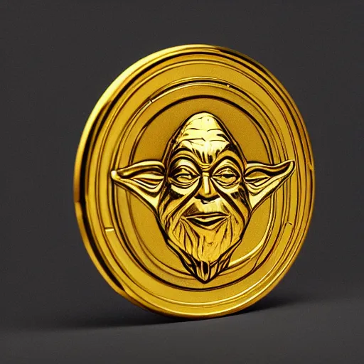 Image similar to An ancient gold coin with the yoda on it , cinematic, hyper realism, high detail, octane render, 8k