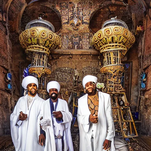 Prompt: african moors wearing white robes and intricate turbans in the steampunk valley of the kings, vibrant flowers, symbiotic technology, by dariusz zawadzki and zdislaw beksinki and thomas kinkade, symmetrical faces, detailed faces, detailed and intricate environment