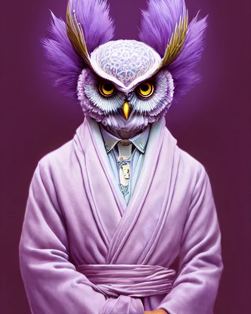 Image similar to anthropomorphic art of an owl king, in a lilac royal robe, by artgerm, victo ngai, ryohei hase, artstation, highly detailed digital painting, smooth, global illumination, fantasy art by greg rutkowsky, karl spitzweg, leyendecker