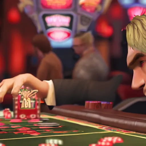 Image similar to film still of xqc gambling in Vegas, 4k, photorealism, artstation style