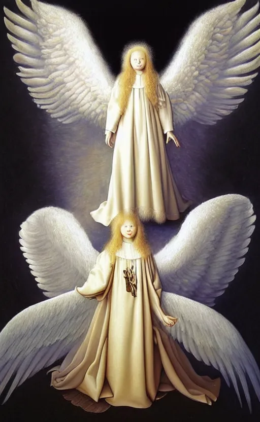 Image similar to highdetailed hyperrealistic painting of white angel!!! no gender!!!, giant ball of miracle light from the chest!!!!!, white sparkles everywhere, 4 k hd fur face!!!, big wings, by jan van eyck, holography space, glow effect, large strokes, white monochrome color!!!!!