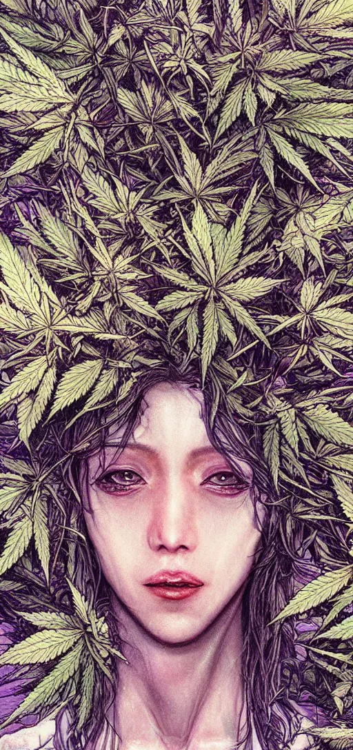 Prompt: ultra-realistic high details digital art of marijuana by Ayami Kojima, 2100K temperature, cold filter