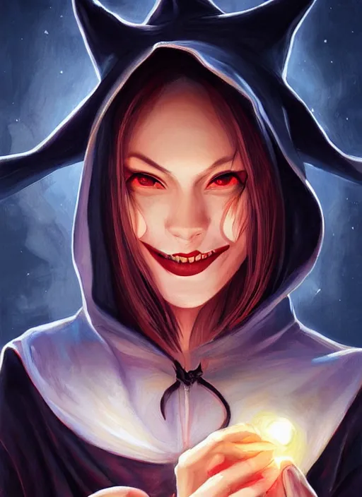 Prompt: a painting of portrait of a smiling wickedly witch with an hood by night, light from bottom, by artgerm