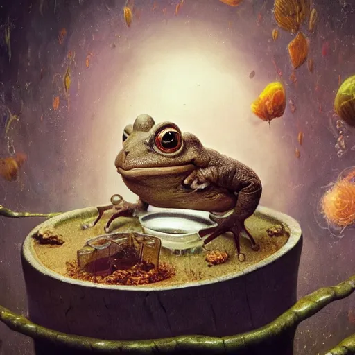 Prompt: long shot of a crazy toad baby sitting in a searose cup, by esao andrews, by m. w. kaluta, very humorous illustration, small depth of field, perspective perception, volumetric light, psychedelic colors, 3 d octane render, 8 k, conceptart, hyperdetailed, hyperrealistic, trending on artstation