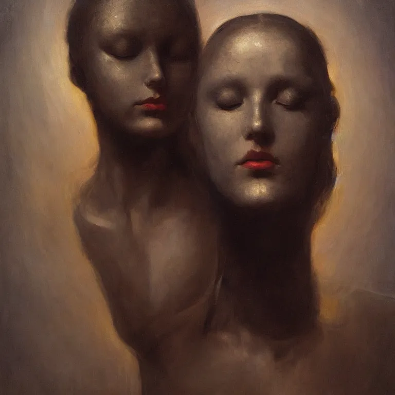 Image similar to The portrait of beautiful woman with closed eyes in steel full-face occult mask and black dress by Ilya Repin, William Blake, Michelangelo da Caravaggio and Beksinski, highly detailed oil painting, Beinart Gallery, Arcadia gallery, trending by artstation, dramatic volumetric lighting, fantasy character, 4k, masterpiece