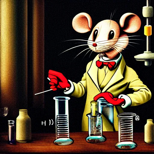 Prompt: a gentleman anthropomorphic mouse performing a chemistry experiment with beakers in a dark, cluttered lab space, realistic, chiaroscuro, renaissance art, realistic, intricate textures