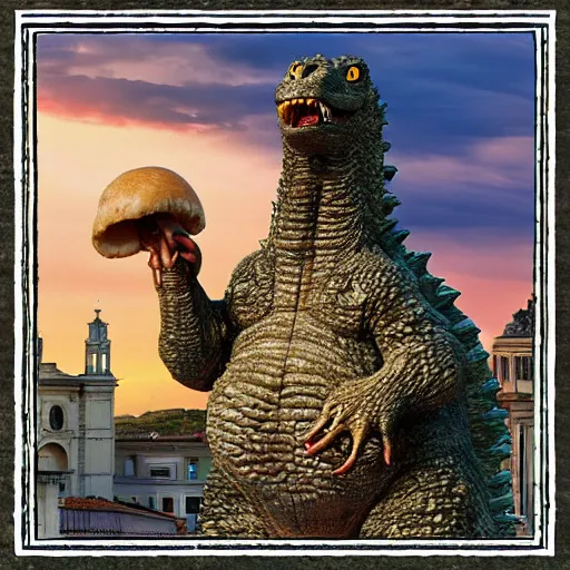 Image similar to godzilla sitting atop st. Peter’s church in rome, eating a mushroom. Digital art.