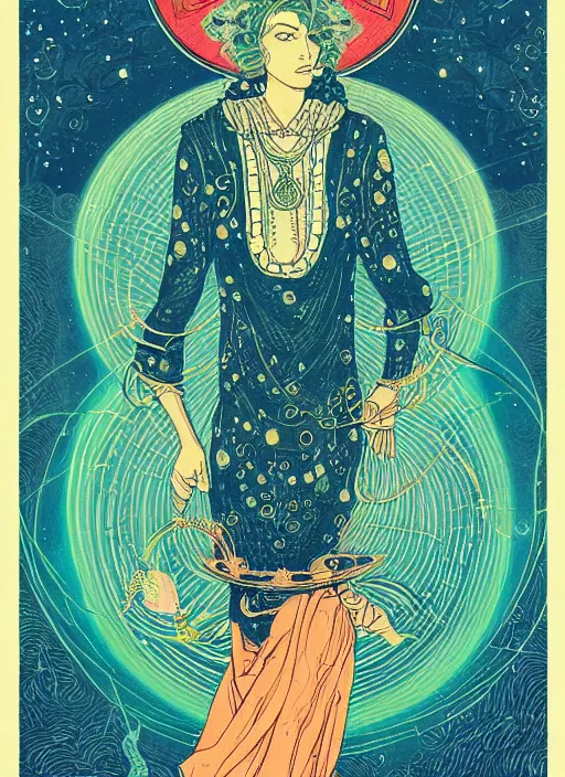 Prompt: beautiful tarot illustration of the hierophant, in the style of james jean and victo ngai, mystical colors, trending on artstation