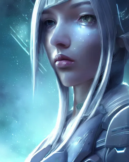 Image similar to beautiful android girl on a mothership, warframe armor, pretty face, scifi, futuristic, galaxy, raytracing, dreamy, perfect, digital painting, long white hair, blue cyborg eyes, sharp focus, intricate, highly detailed, artstation, intricate, innocent, art by gauthier leblanc, kazuya takahashi, huifeng huang