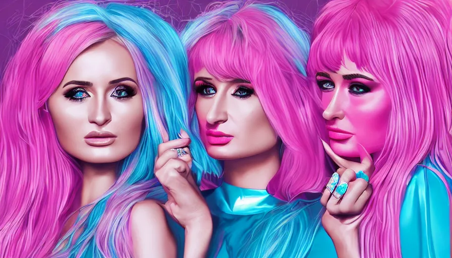 Image similar to Kim Petras and Paris Hilton pink bubblegum pop album cover, hyperdetailed, artstation, cgsociety, deviantart 8k