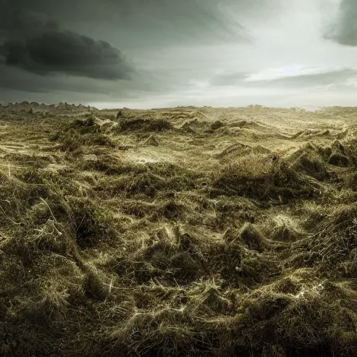 Image similar to an overgrown unpopulated landscape barren and post apocalyptic, studio lighting, realistic, high detail