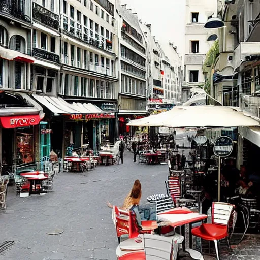 Prompt: une rue de paris vide avec des voitures garees, un restaurant avec une terrasse, des boutiques avec des neons, en debut de matinee ( ( ( ( ( en 2 0 1 0 ) ) ) ) )