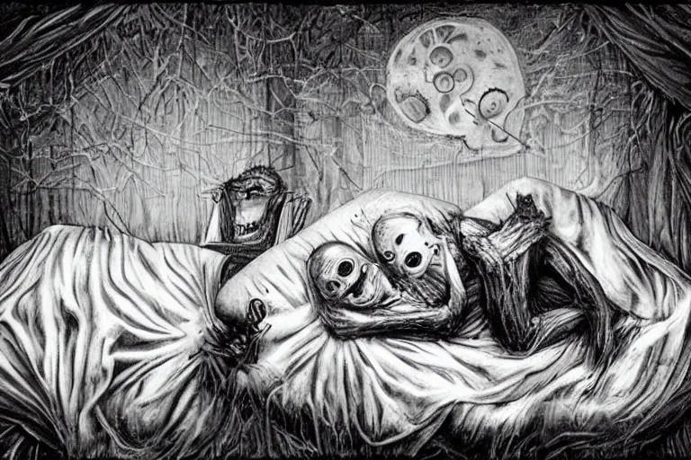 Prompt: never go to sleep now, horror art, creepy