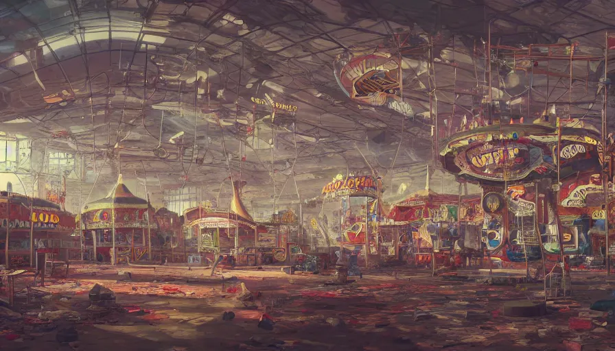 Prompt: Dusty abandoned indoor fairground, hyperdetailed, artstation, cgsociety, 8k