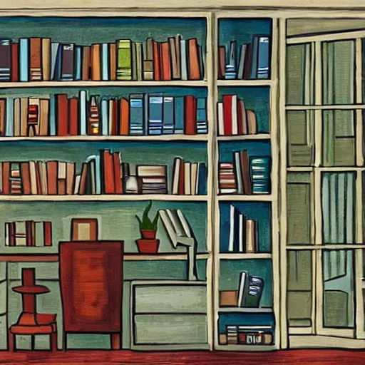 Image similar to painting of an apartment own by a writer, a lot of books on the shelves, desk with typewriter on it, one windows with gentle light