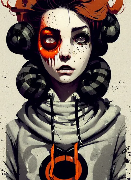 Image similar to highly detailed portrait of a sewer punk lady, tartan hoody, ringlet hair by atey ghailan, by greg rutkowski, by greg tocchini, by james gilleard, by joe fenton, by kaethe butcher, gradient orange, black, cream and white color scheme, grunge aesthetic!!! ( ( graffiti tag wall background ) )