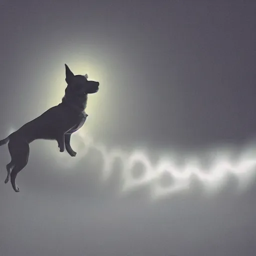 Image similar to the spirit of a dog levitating from his body, mystical light lighting him up, magical dust