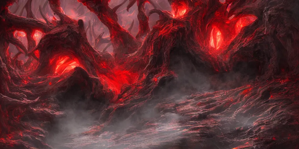 Image similar to Claws of hell emerging from a hole in the earth, concept art, surreal, red colors, terrifying, digital painting, trending on artstation, highly detailed, epic composition, 8k UHD