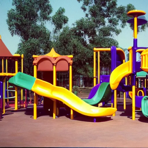 Image similar to full - color 1 9 7 0 s photo of a vast incredibly - large complex very - dense tall many - level playground in a crowded schoolyard. the playground is made of wooden planks, rubber tires, metal bars, and ropes. it has many spiral staircases, high bridges, ramps, balance beams, and metal tunnel - slides.