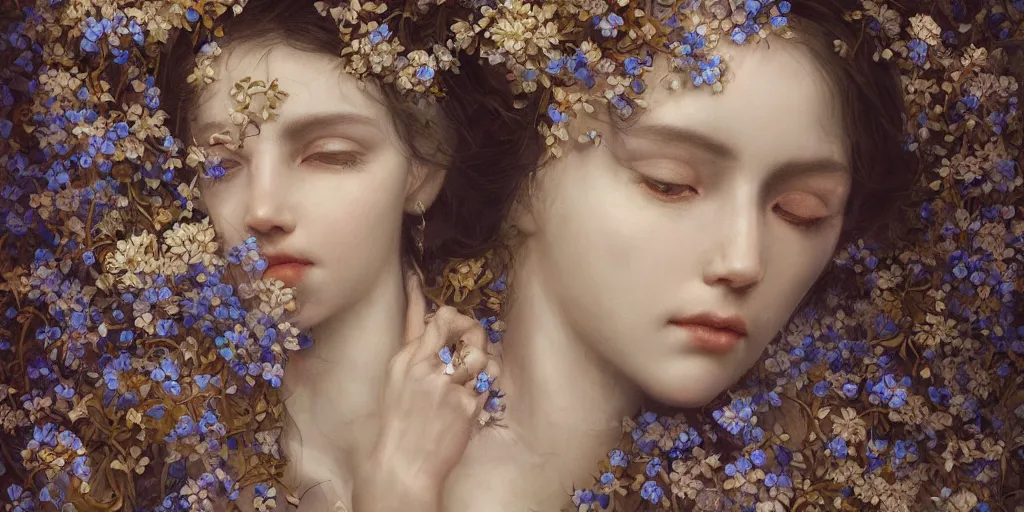 Image similar to breathtaking detailed concept art painting portrait of the goddess of nemophila flowers, orthodox saint, with anxious piercing eyes, ornate background, amalgamation of leaves and flowers, by hsiao - ron cheng, extremely moody lighting, 8 k