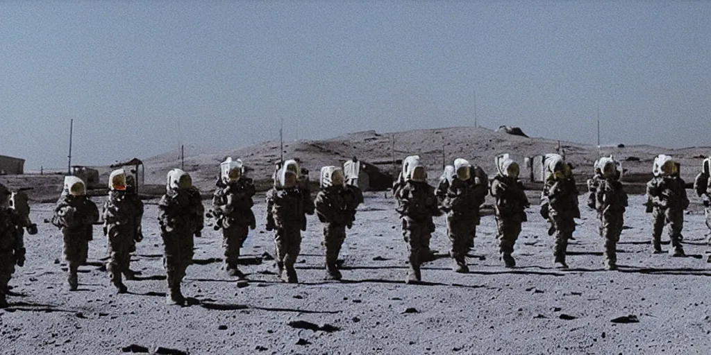Image similar to color film still, android soldiers marching in the lunar base ; moon ( 2 0 0 9 )