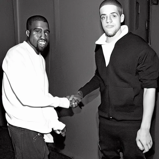 Prompt: a black and white photo of kanye west and pete davidson shaking hands