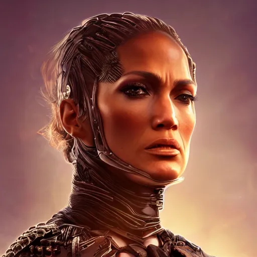 Image similar to jennifer lopez portrait, dystopia core, apocalyptic, armor, warrior, dramatic, sharp focus, fiction, neon, fantasy, hyper detailed, digital art, trending in artstation, cinematic lighting, studio quality, smooth render, unreal engine 5 rendered, octane rendered, art style and nixeu and wlop and krenz cushart